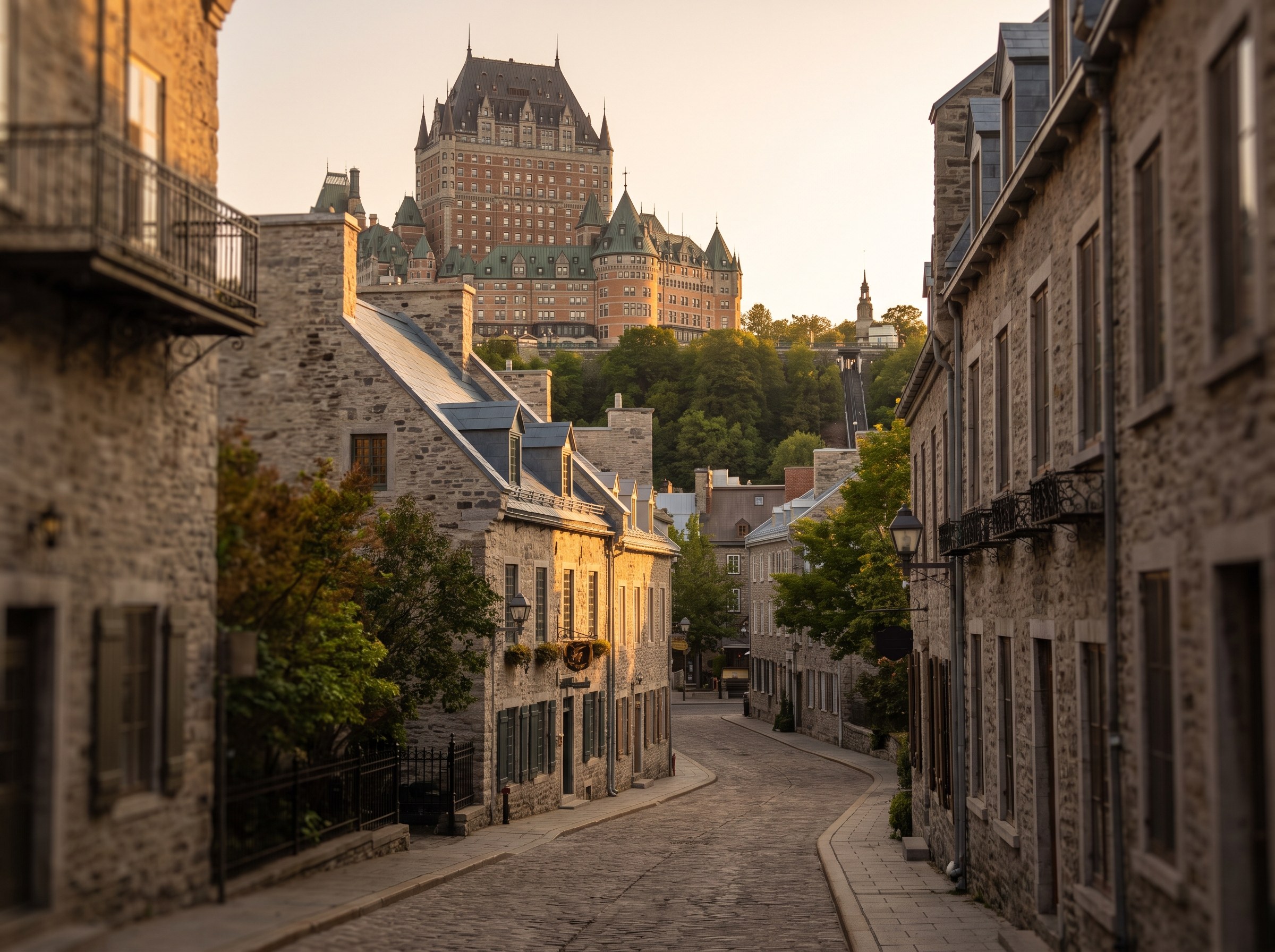 Cobblestone street in Quebec City's Old Town with Château Frontenac in the background
