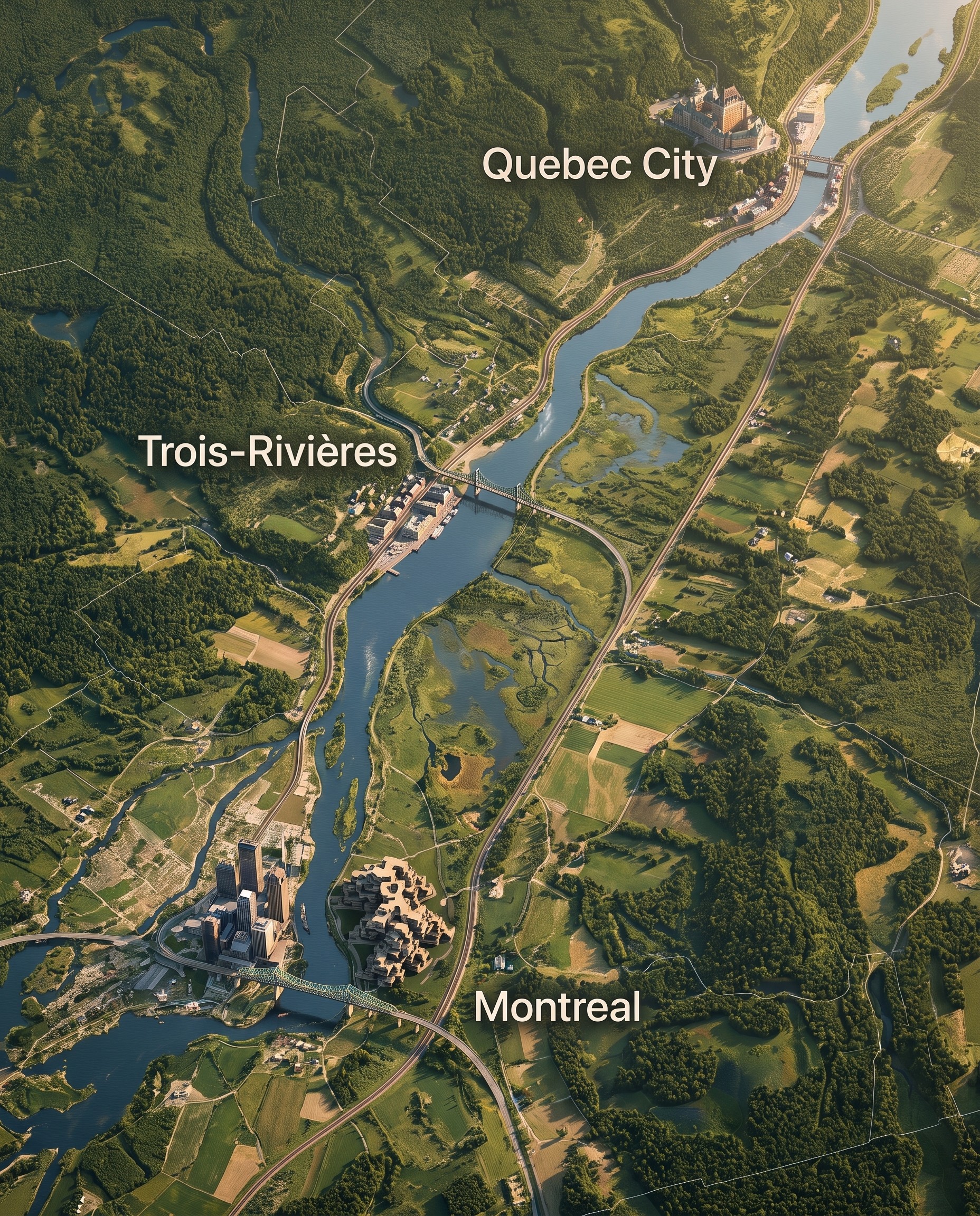Illustrated map of the VIA Rail route from Montreal through Trois-Rivières to Quebec City along the Saint Lawrence River